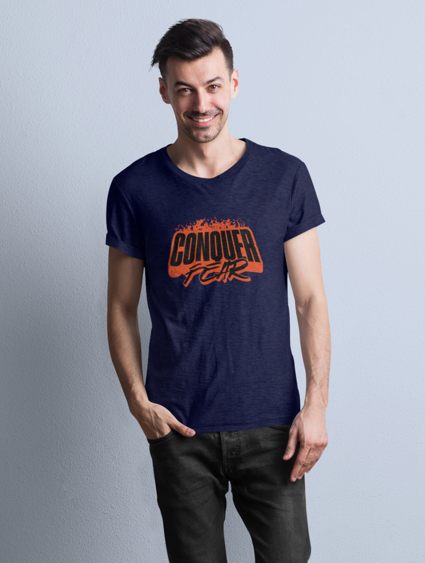 Conquer Gym Motivational Regular Fit Navy Blue T-shirt