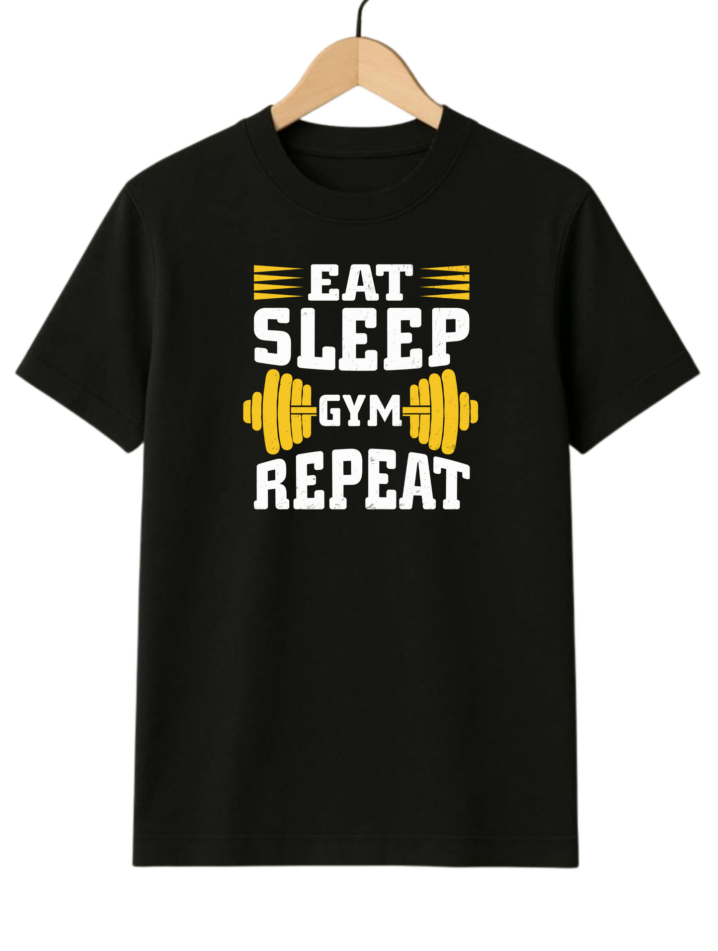 Eat Sleep Gym Repeat Dumbell Regular Fit Black T-shirt