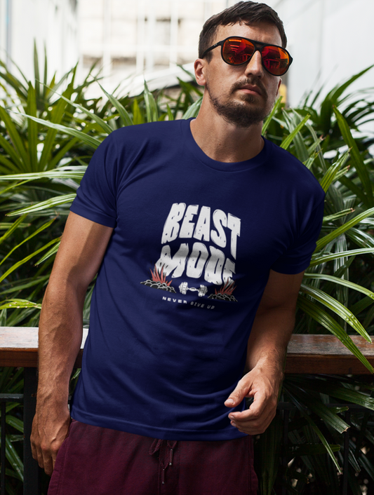 Beast Mode Never Giveup Regular Fit Navy Blue T-shirt