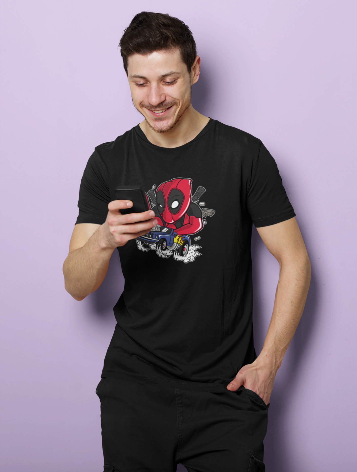 Deadpool On Car Regular Fit Black T-shirt