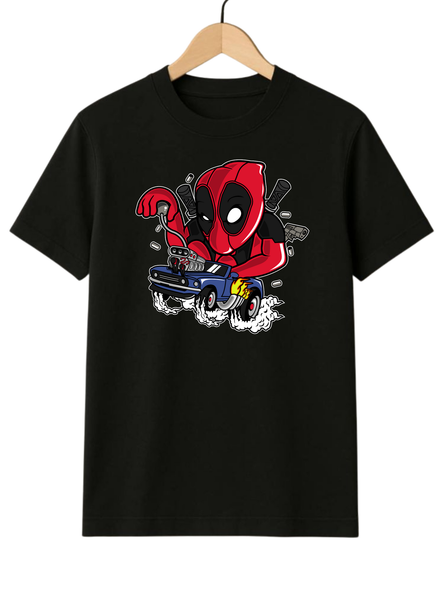 Deadpool On Car Regular Fit Black T-shirt