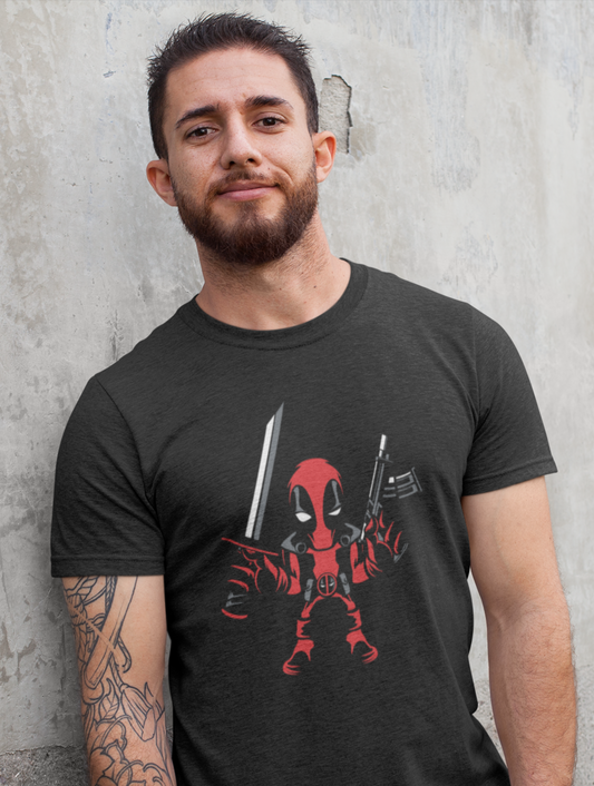 Deadpool With Gun And Sword  Regular Fit Black T-shirt