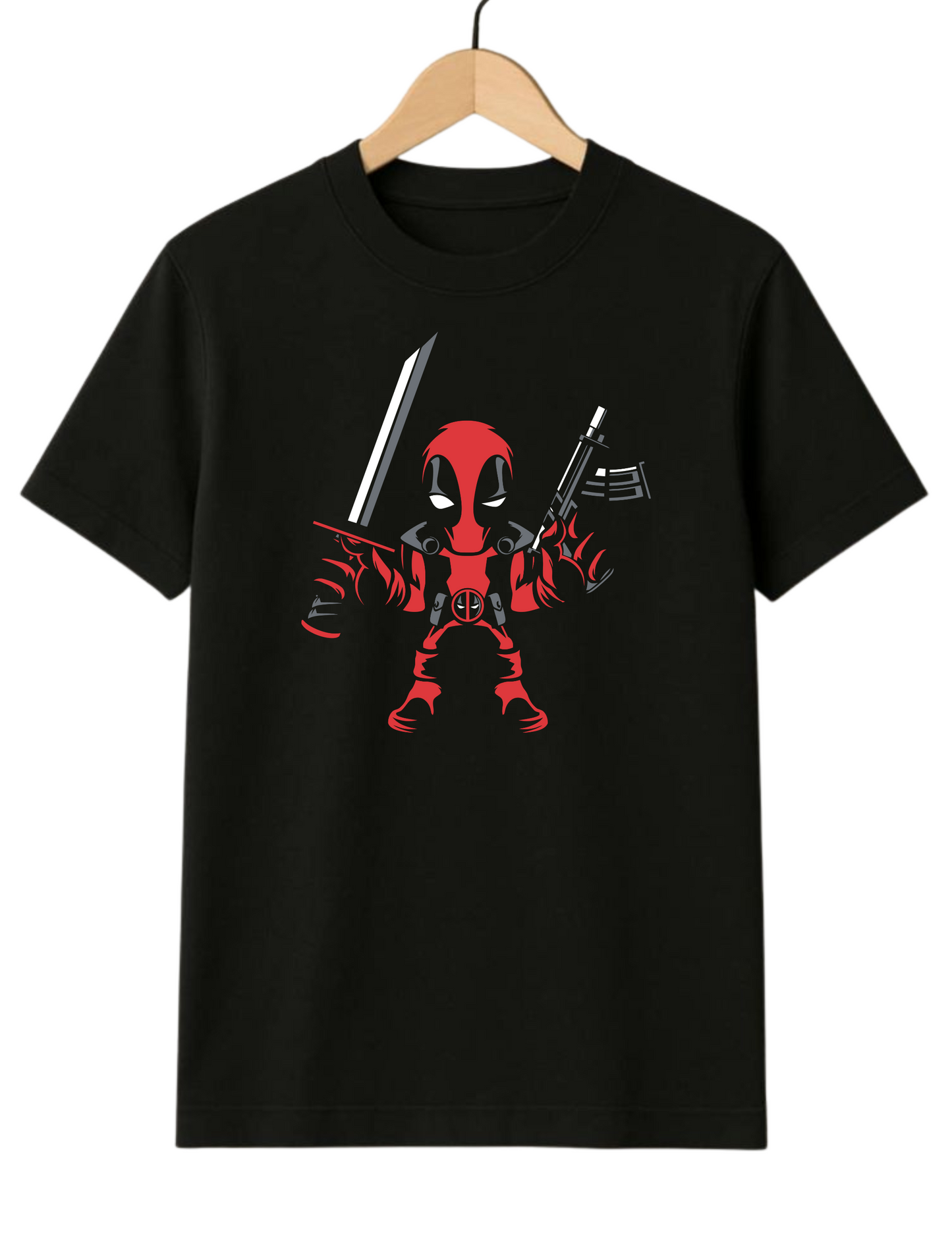 Deadpool With Gun And Sword  Regular Fit Black T-shirt