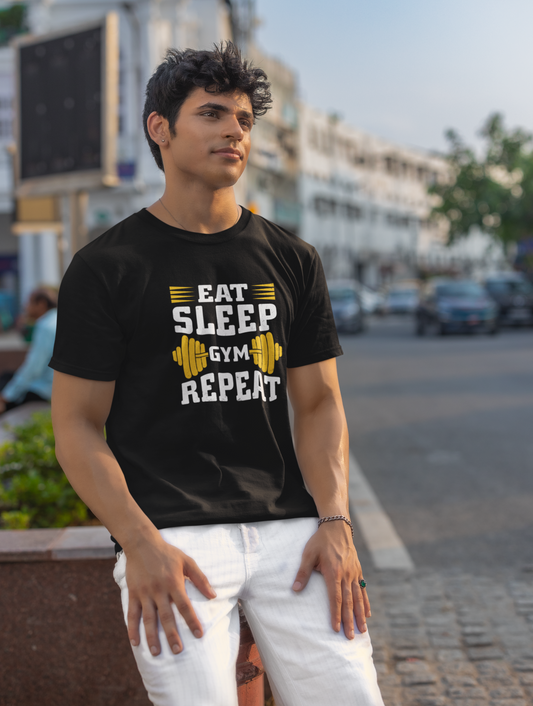 Eat Sleep Gym Repeat Dumbell Regular Fit Black T-shirt