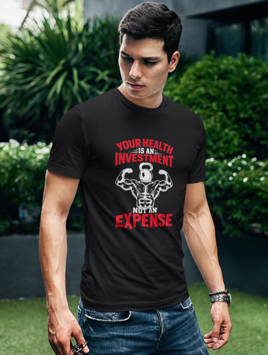 Health Is An Investment Regular Fit Black T-shirt
