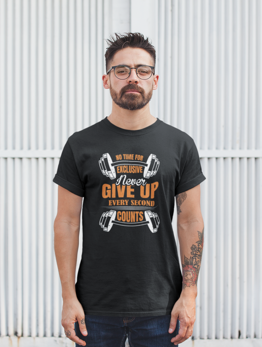 Never Give Up Every Second Counts Regular Fit Black T-shirt