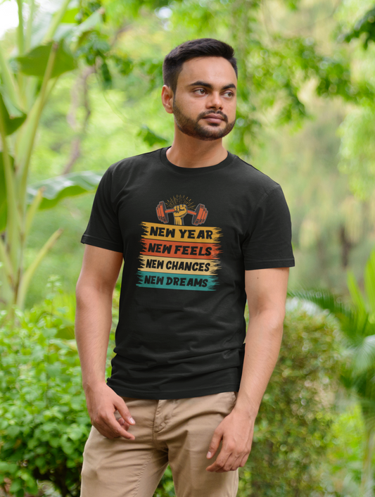 New Year New Feels Regular Fit Black T-shirt