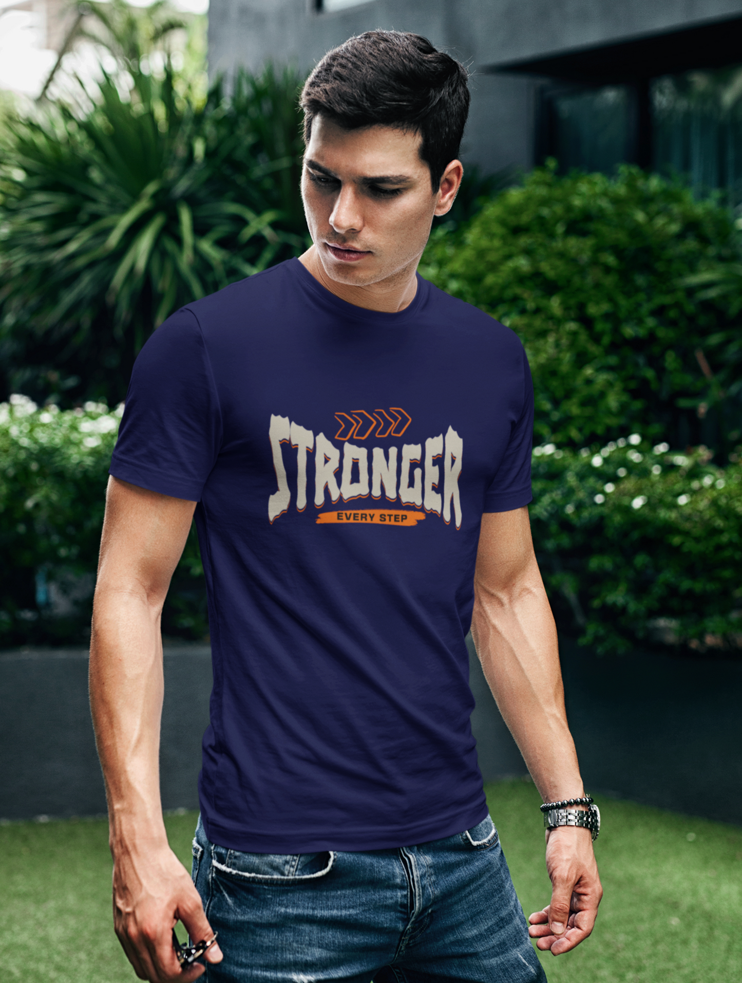 Stronger Gym Motivational Regular Fit Navy Blue T-shirt