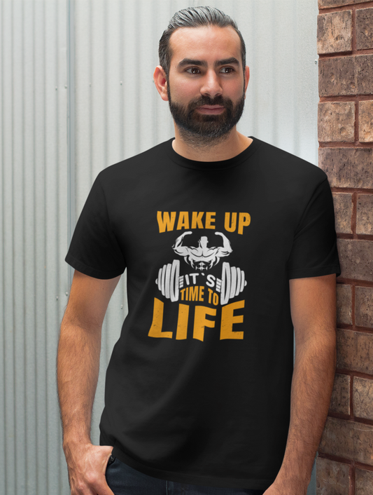 Wake Up It's Time To Life Regular Size Black T-shirt
